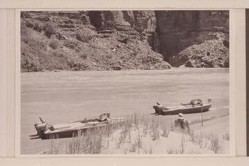 Boats moored opposite Deer Creek. The "Cactus" is left foreground. The "Bootoo" is right foreground. The "Rattlesnake" is at left in the background across river. Masland is back of the sand dune