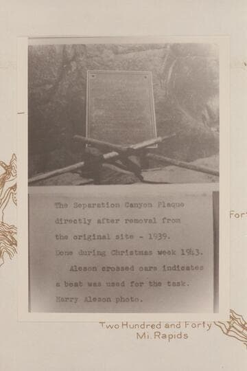 The second Separation Plaque on the beach below its first location after it had been removed by Aleson for the purpose of locating it at a higher elevation above top levels of Lake Mead.  Christmas week, 1943