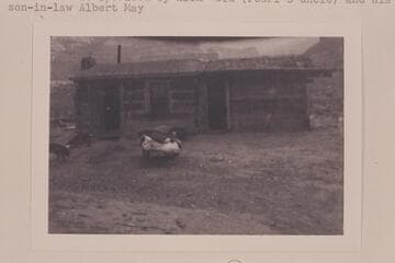 Cabin at ranch at mouth of Price River. The ranch was operated by Alex Reid (Pearl Baker's uncle) and his son-in-law Albert May