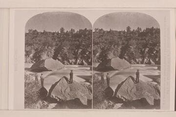 From Huntington Library stereos: "Views on the Green River," Red Canon Series: No. 24: Ashley Falls (Letting down with lines). The stage of water is relatively high in the usual June flood