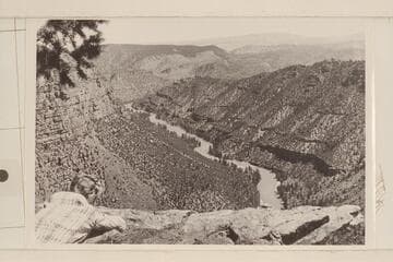Margaret Marston looks down Red Canyon from lookout near Green River Lakes. Approximately Mile 301 1/2