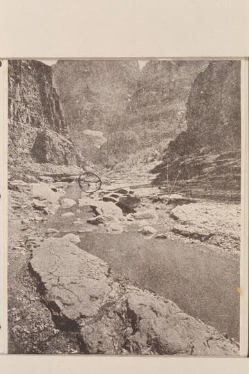 [print of a stereo]  The abandoned Powell boats at the mouth of Kanab Creek.  The River dropped two feet the night of the 9th