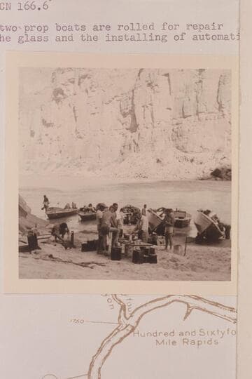 Camp at Cataract-National Canyon. Mile 166.4. The two prop boats are rolled for repair to the glass and the installing of automatic bailers