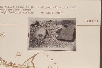 Indian relics found by Harry Aleson above the fall at Quartermaster Canyon