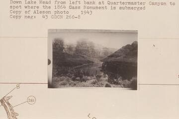 Down Lake Mead from left bank at Quartermaster Canyon to spot where the 1864 Gass Monument is submerged