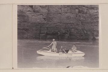 Crew of "WEN" at mouth of Supai, Mile 156; Jim Doerr, Norm Nevills and Nancy Streator