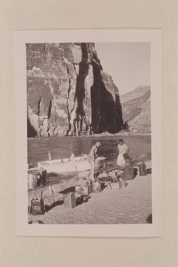 Camp at lower end of Vulcan Rapid.  Bill Belknap; George Morrison; Jim Bechtel