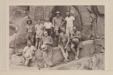 The 1940 Nevills party at the plaque at Separation Rapid. Lower: Hugh Cutler, Bona Deason, Charles Larabee, Del Reed. Upper: Norm Nevills, Doris Nevills, Millie Baker, John Southworth, Barry Goldwater