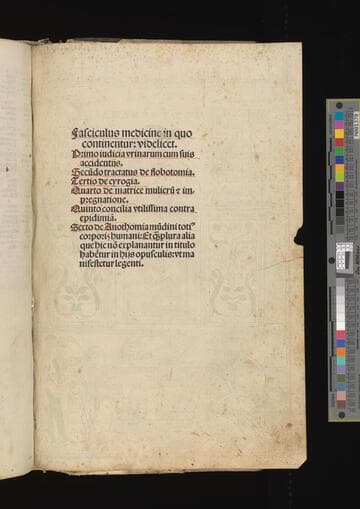 Fasciculus medicine in quo continentur: videlicet. ; Primo iudicia vrinarum cum suis accidentijs. Secu[n]do tractatus de flobotomia. Tertio de cyrogia. Quarto de matrice mulieru[m] [et] impregnatione. Quinto concilia vtilissima contra epidemia[m]. Sexto de anothomia mu[n]dini toti[us] corporis humani: et q[uam]plura alia que hic no[n] explanantur in titulo habe[n]tur in hijs opusculis: vt manifestetur legenti