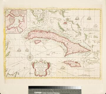 A new chart of the seas surrounding the island of Cuba : with the soundings, currents, ships courses &c and a map of the island itself lately made by an officer in the Navy