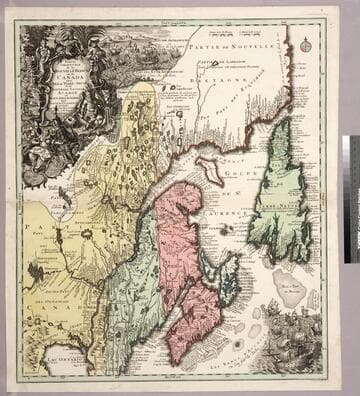 Partie Orientale de la Nouvelle France ou du Canada avec l'Isle de Terre-Neuve et de Nouvelle Escosse, Acadie et Nouv. Angleterre avec Fleuve de St. Laurence representé par Matth. Seutter Geogr. de S. M. Imper. d'Ausbourg