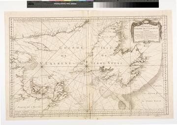 Carte Réduite du Golphe de St. Laurent Contenant l'Isle de Terre Neuve et Partie de la Coste des Esquimaux l'Isle Royale l'Isle St. Jean et celle d'Anticosti &c. Dresée au Dépost des Cartes Plans et Journaux de la Marine pour les Service des Vaisseaux du Roi. Par Ordre de M. Rouillé Ch. Comte de Jouy &c. Ministre et Secretaire d'Etat ayant le Departement de la Marine MDCCLIV