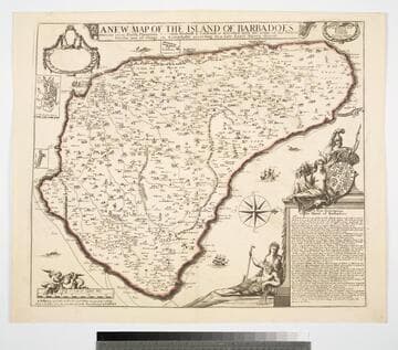 New Map of the Island of Barbadoes wherein every Parish, Plantation, Watermill, Windmill & Cattlemill is described with the name of the Present Possesor, and all things els remarkable according to a Late Exact Survey therof
