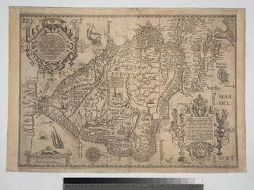 Delineato omnium orarum totius Australis partis Americae ; dictae Peruvianae, a R. de la Plata, Brasiliam, Pariam, et Castellam auream, una cum omnibus Insulis Antillas dictis, Hispaniolam, item & Cubam comprehendentis, usque ad promont. floridae, vulgo, cabo de la florida; item isthmi inter Panamam et Nombre de dios, Terrae Peru auriferae cum ejus metropoli cusco.; / Arnoldus Florentius à Langren, Author & Sculptor
