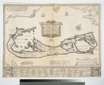 Mappa Aestivarum Insularum alias Bermudas dictarum : ad ostia Mexicani aestuarij iacentium in latitudine graduum 32: minutorum 25 ; ab Anglia, Londino scilicet versus libonotum 3300 miliaribus anglicanis ; et a Roanoack (qui locus est in Virginia) versus euro-notum 500 mil.; accurate descr