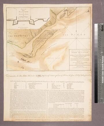 Plan of the Attack on Fort Sulivan, near Charles Town in South Carolina, by a Squadron of His Majesty's Ships, on the 28th of June 1776, with the Dispostion of the King's Land Forces, and the Encampments and Entrenchments of the Rebels he from the Drawings made on the Spot Engraved by Wm. Faden
