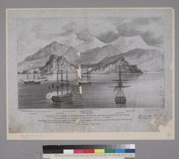 View from the Bay of Aratscha of the exterior fortifications of the town & port of Petropawloski at the moment of disembarkation, 4th Sept. 1854