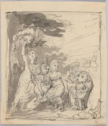 Three Children and a Dog Gathering Fruit