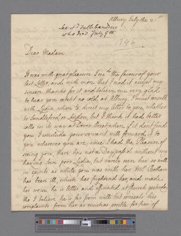 Howard, Mary (Finch), Viscountess Andover. Letter to Elizabeth (Robinson) Montagu