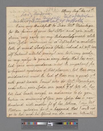 Howard, Mary (Finch), Viscountess of Andover. Letter to Elizabeth (Robinson) Montagu