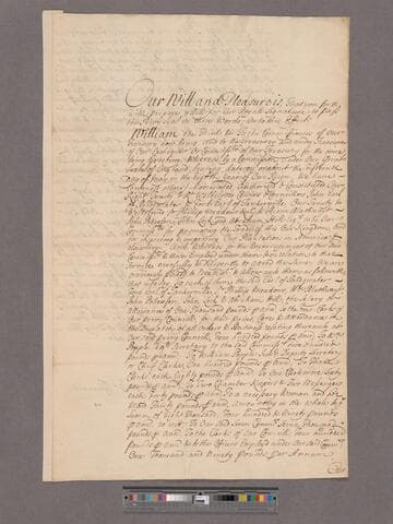 William III, King of Great Britain. To the Clerk of the Signett : Warrant for Commissioners of Trade Establishment