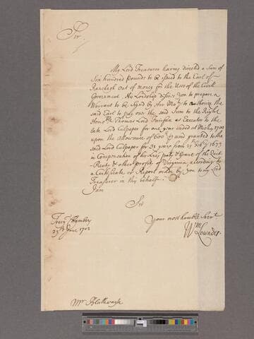 Lowndes, William. Letter to William Blathwayt