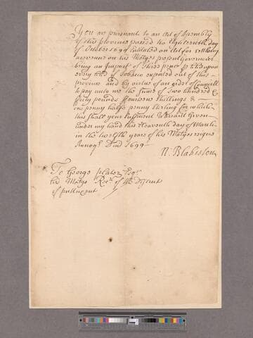 Blakiston, Nathaniel. To George Plater, Receiver of the District of Pattuxent : [Warrants in favor of himself (Blakiston) for payments out of the duties on Tobacco.]