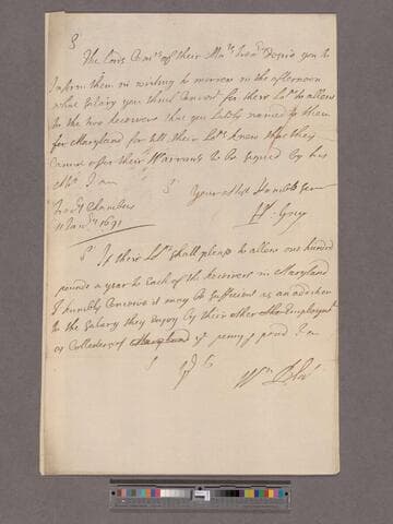 Guy, Henry. Letter to William Blathwayt followed by Blathwayt's reply