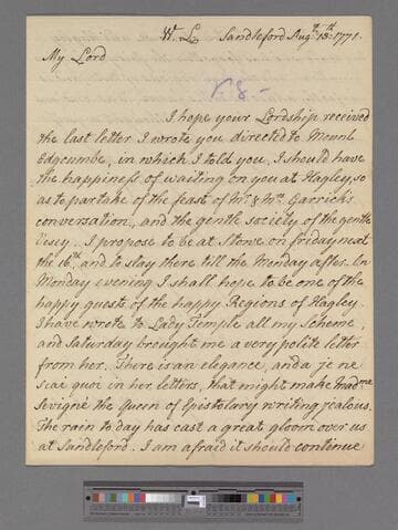 Montagu, Elizabeth (Robinson). Letter to George Lyttelton, 1st Baron Lyttelton of Frankley