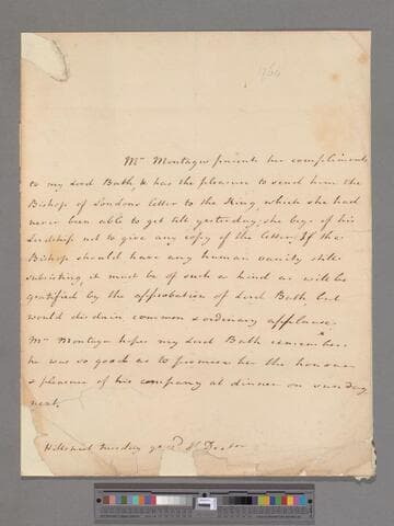 Montagu, Elizabeth (Robinson). Letter to William Pulteney, Earl of Bath