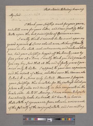 Montagu, Elizabeth (Robinson). Letter to William Pulteney, Earl of Bath