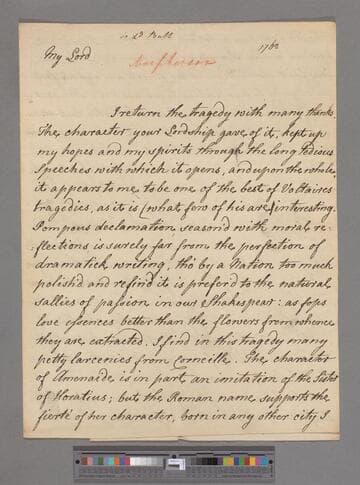Montagu, Elizabeth (Robinson). Letter to William Pulteney, Earl of Bath