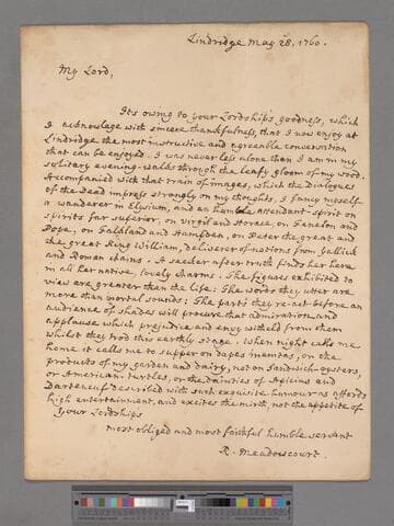 Meadowcourt, Richard. Letter to George Lyttelton, 1st Baron Lyttelton of Frankley