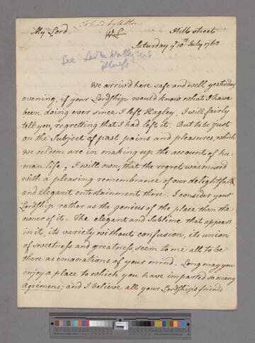 Montagu, Elizabeth (Robinson). Letter to George Lyttelton, 1st Baron Lyttelton of Frankley
