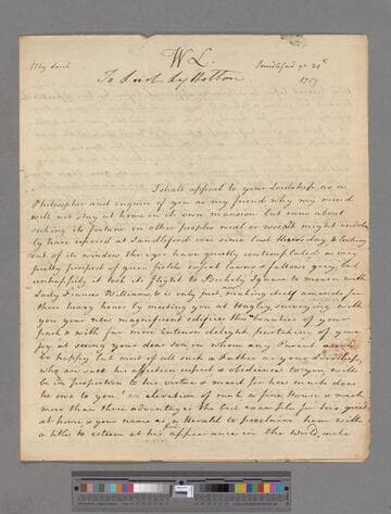 Montagu, Elizabeth (Robinson). Letter to George Lyttelton, 1st Baron Lyttelton of Frankley