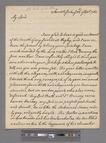 Montagu, Elizabeth (Robinson). Letter to George Lyttelton, 1st Baron Lyttelton of Frankley