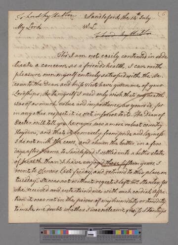 Montagu, Elizabeth (Robinson). Letter to George Lyttelton, 1st Baron Lyttelton of Frankley