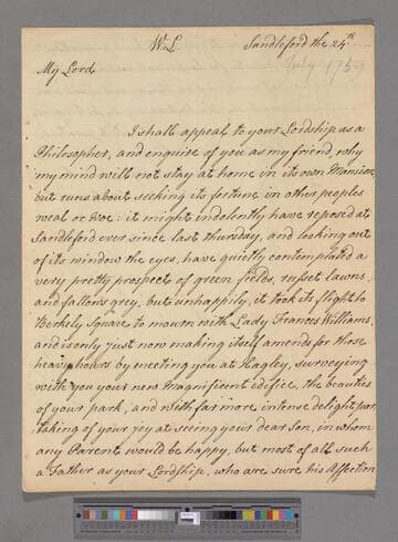 Montagu, Elizabeth (Robinson). Letter to George Lyttelton, 1st Baron Lyttelton of Frankley
