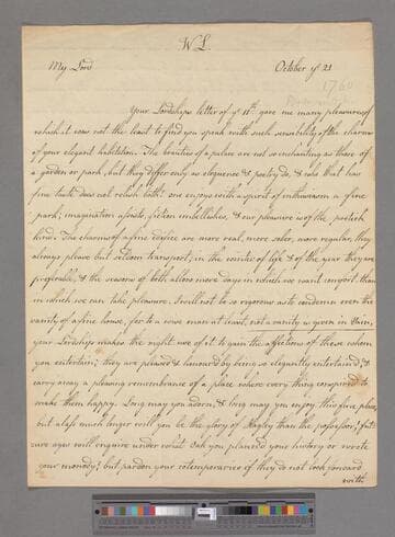 Montagu, Elizabeth (Robinson). Letter to George Lyttelton, 1st Baron Lyttelton of Frankley
