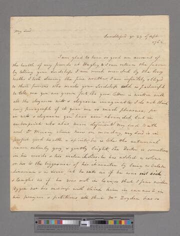 Montagu, Elizabeth (Robinson). Letter to George Lyttelton, 1st Baron Lyttelton of Frankley