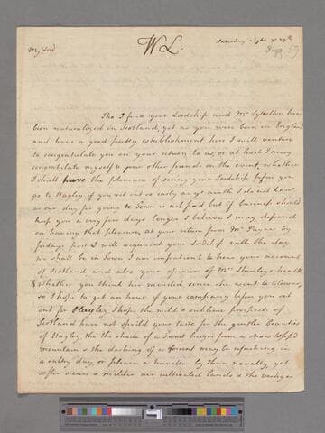 Montagu, Elizabeth (Robinson). Letter to George Lyttelton, 1st Baron Lyttelton of Frankley