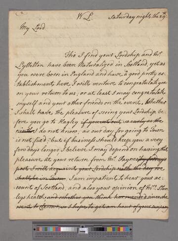Montagu, Elizabeth (Robinson). Letter to George Lyttelton, 1st Baron Lyttelton of Frankley