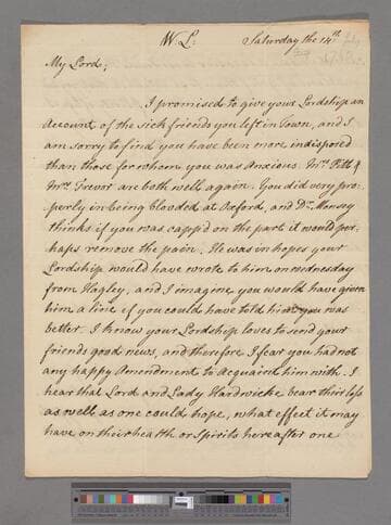 Montagu, Elizabeth (Robinson). Letter to George Lyttelton, 1st Baron Lyttelton of Frankley
