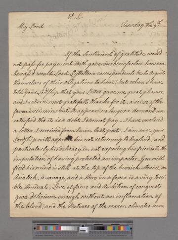 Montagu, Elizabeth (Robinson). Letter to George Lyttelton, 1st Baron Lyttelton of Frankley