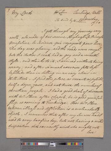 Montagu, Elizabeth (Robinson). Letter to George Lyttelton, 1st Baron Lyttelton of Frankley