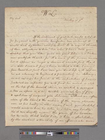 Montagu, Elizabeth (Robinson). Letter to George Lyttelton, 1st Baron Lyttelton of Frankley