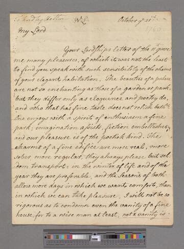 Montagu, Elizabeth (Robinson). Letter to George Lyttelton, 1st Baron Lyttelton of Frankley