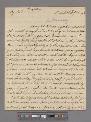 Montagu, Elizabeth (Robinson). Letter to George Lyttelton, 1st Baron Lyttelton of Frankley