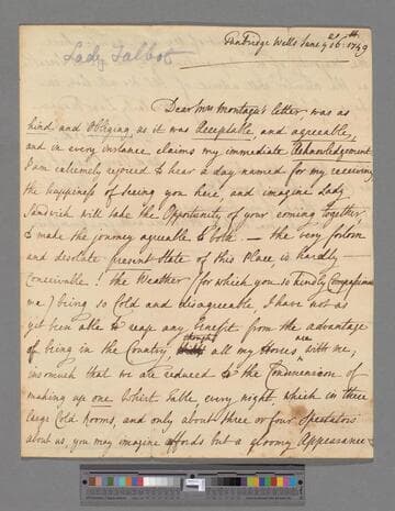 Talbot, Mary (de Cardonnel), Countess Talbot. Letter to Elizabeth (Robinson) Montagu