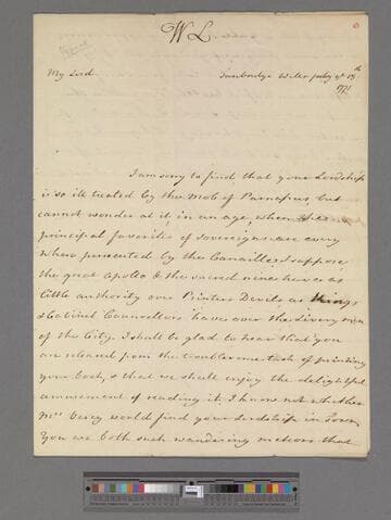 Montagu, Elizabeth (Robinson). Letter to George Lyttelton, 1st Baron Lyttelton of Frankley
